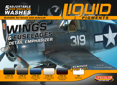 Lifecolor Wings & Fuselages Aircraft Detail Emphasizer Liquid Pigments Set (6 22ml Bottles)
