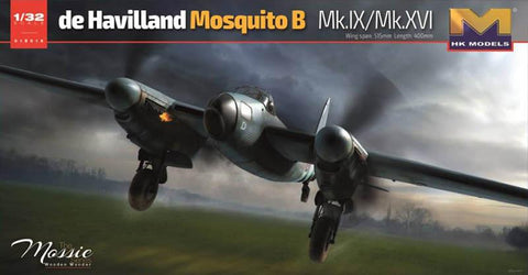 This is a plastic model assembly kit of the HK Models 1/32 scale WWII British RAF DeHavilland Mosquito B Mk IX/XVI British Bomber aircraft.