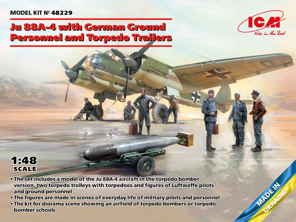 ICM 1/48 Junker Ju 88A-4 with German Ground Personnel, Torpedo, and Trailers Kit