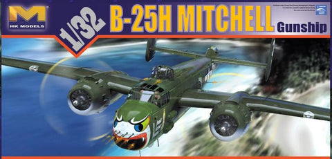 This an authentic plastic airplane assembly kit of the HK Models 1/32 scale Gunship Version of the famous B25H General Billy Mitchell Medium Bomber