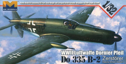 This is a highly detailed plastic model kit of the HK Models 1/32 scale German Luftwaffe WWII Dornier Do.335B-2 Interceptor aircraft.