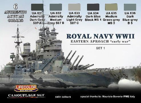 Lifecolor Acrylic Royal Navy WWII Eastern Approach Early War Set #1 Camouflage Acrylic Set (6 22ml Bottles)